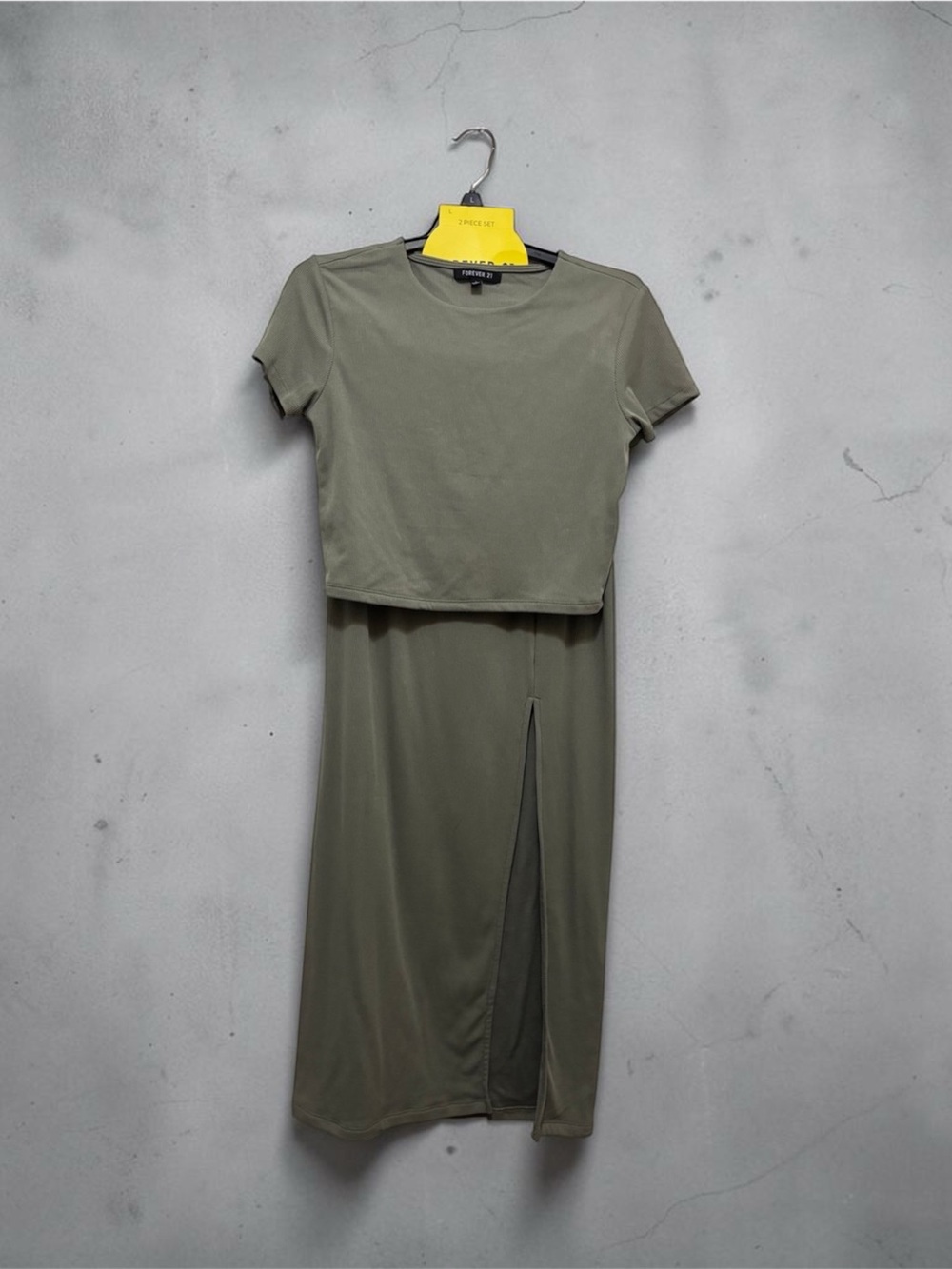 Forever 21 Olive Green Midi Skirt with Front Slit and top. Junior sizing L